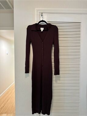 Ribbed Button-Front Long Sleeve Dress - Dark Brown S